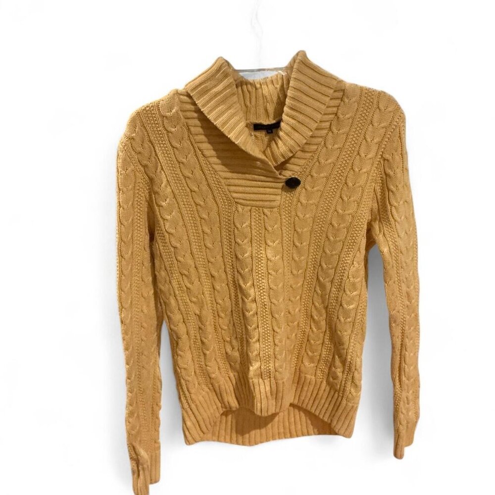 Butter Yellow Cable Knit Chunky‎ 100% Cotton Shawl Collar Sweater Medium